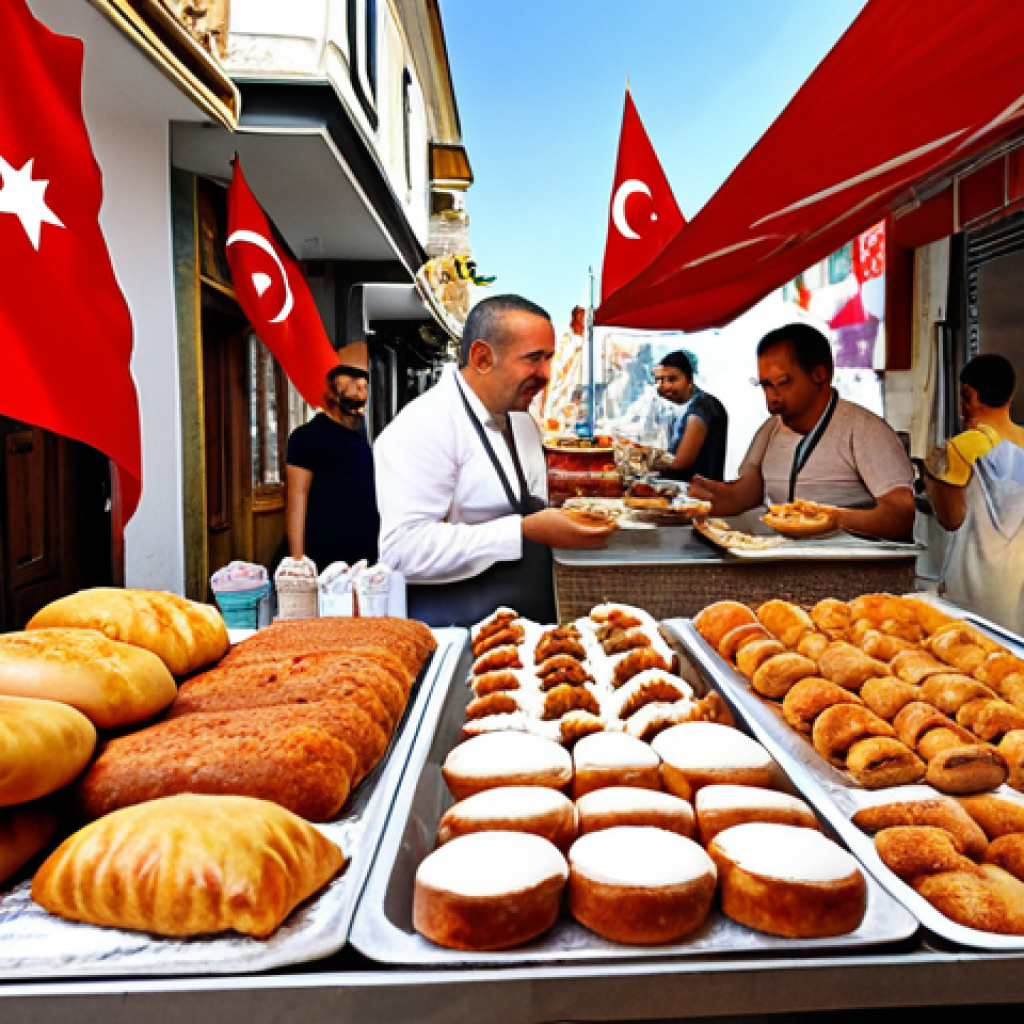 **

Prompt: A vibrant Turkish street food stall showcasing "böcek unu" (insect flour) breads and pastries. Happy customers are sampling the goods. Focus on delicious-looking food and a positive, inviting atmosphere. Include Turkish flag elements subtly.

**