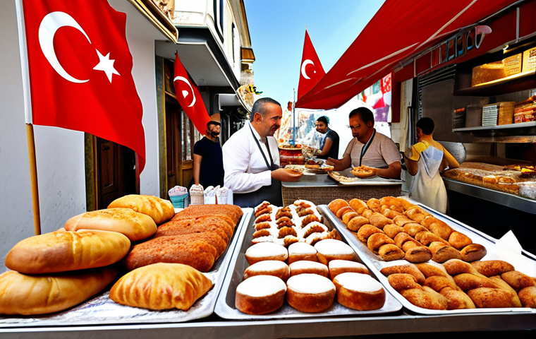 **

Prompt: A vibrant Turkish street food stall showcasing "böcek unu" (insect flour) breads and pastries. Happy customers are sampling the goods. Focus on delicious-looking food and a positive, inviting atmosphere. Include Turkish flag elements subtly.

**