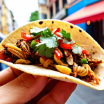 **Image Prompt:** A close-up shot of a colorful taco filled with crispy-looking crickets and fresh toppings like salsa and cilantro. The taco is held by a hand, with a vibrant Turkish street food market scene blurred in the background.