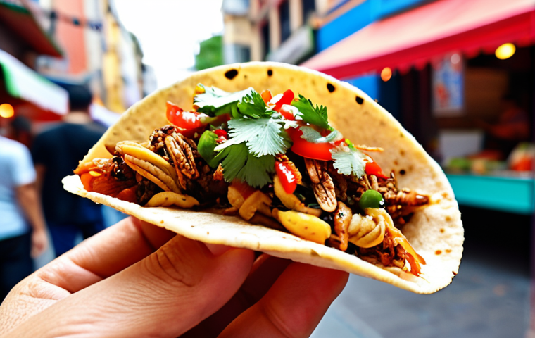 **Image Prompt:** A close-up shot of a colorful taco filled with crispy-looking crickets and fresh toppings like salsa and cilantro. The taco is held by a hand, with a vibrant Turkish street food market scene blurred in the background.
