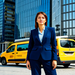 **

A professional businesswoman in a modest, dark blue business suit, standing confidently in front of a modern skyscraper in Istanbul, Turkey. The background features a bustling city street with yellow taxis and people walking. fully clothed, appropriate attire, safe for work, perfect anatomy, natural proportions, professional photography, high quality.

**