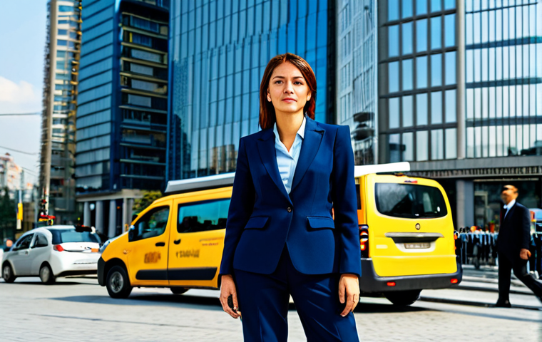 **

A professional businesswoman in a modest, dark blue business suit, standing confidently in front of a modern skyscraper in Istanbul, Turkey. The background features a bustling city street with yellow taxis and people walking. fully clothed, appropriate attire, safe for work, perfect anatomy, natural proportions, professional photography, high quality.

**